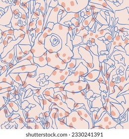 Arte de línea de flor vectorial con ilustraciones de puntos de polka sin problemas patrón de repetición 