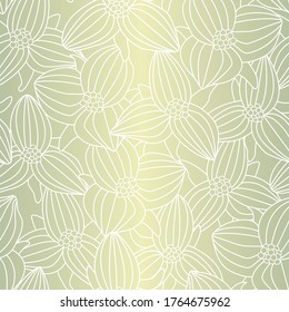 Línea de flores vectoriales en blanco sobre fondo de color amarillo verde sin problemas patrón de repetición. Antecedentes para textiles, tarjetas, manufactura, papel pintado, envoltura de regalo y reserva de chatarra.