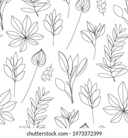 Vector flower linear seamless background, plants with leaves, ornament, pattern with black single contour line on white background in hand drawn style. 