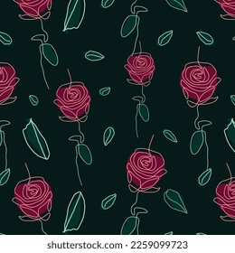 Vector flower linear seamless background, roses and leaves one, continuous line pattern, hand drawn style. Monoline doodle