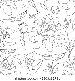 Vector flower linear seamless background, tupils and leaves. One, continuous line pattern, hand drawn style. Monoline doodle
