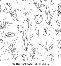 Image vectorielle arrière-plan linéaire floral harmonieux, tulipes et feuilles. Un, motif de ligne continu, style dessiné à la main. Doodle de Monoline