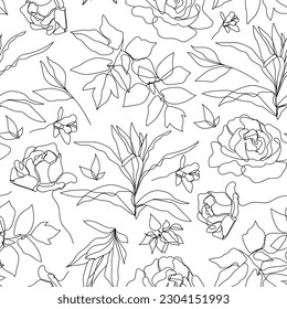 Vector flower linear seamless background, roses and leaves. One, continuous line pattern, hand drawn style. Monoline doodle