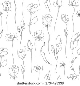 Vector flower linear simpless backgroun, roses with leaves, ornament, pattern with black single contour line on white background in hand drawn style