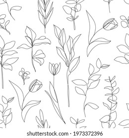 Vector flower linear simpless background, roses with leaves, ornament, pattern with black single contour line on white background in hand drawn style, plants doodle