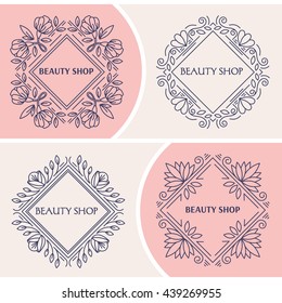 Vector flower logo design template in trendy linear style - floral and geometrical frame. Decorative concept for beauty shop, organic shop or cosmetics product
