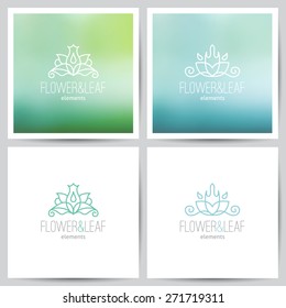 vector flower logo set on colored blurred backgrounds and on white