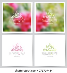 vector flower logo set on blurred floral backgrounds and on white