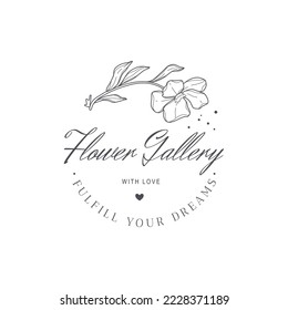 Vector flower logo template. Modern hand drawn line style design. Minimalist drawn floral logo design illustration.
