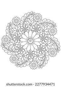 Vector flower mandala in black and white. Round pattern for coloring