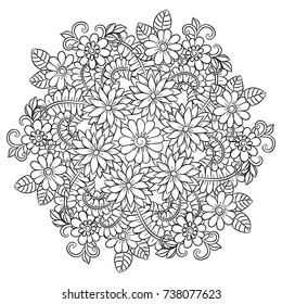 Vector flower mandala in black and white. Round pattern for coloring