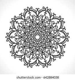 Vector Flower Mandala for Coloring Book and Indian Design. Black and White Moroccan, Spain, Turkish, Pakistan, Ottoman Pattern Isolated