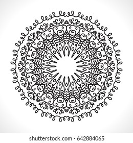 Vector Flower Mandala for Coloring Book and Indian Design. Black and White Moroccan, Spain, Turkish, Pakistan, Ottoman Pattern Isolated