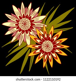 Vector Flower or Mandala. Hand Drawn Style. Beautiful Blossom with Petals. Isolated African Camomile, Gerbera or Daisy. Stylized Flower for Card, Tablecloth, Paper, Tile, Pattern, Wedding Design.