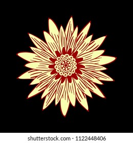 Vector Flower or Mandala. Hand Drawn Style. Beautiful Blossom with Petals. Isolated African Camomile, Gerbera or Daisy. Stylized Flower for Card, Tablecloth, Paper, Tile, Pattern, Wedding Design.