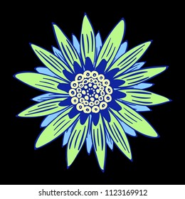 Vector Flower or Mandala. Hand Drawn Style. Beautiful Blossom with Petals. Isolated African Camomile, Gerbera or Daisy. Stylized Flower for Card, Tablecloth, Paper, Tile, Pattern, Wedding Design.