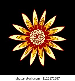 Vector Flower or Mandala. Hand Drawn Style. Beautiful Blossom with Petals. Isolated African Camomile, Gerbera or Daisy. Stylized Flower for Card, Tablecloth, Paper, Tile, Pattern, Wedding Design.