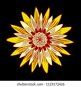 Vector Flower or Mandala. Hand Drawn Style. Beautiful Blossom with Petals. Isolated African Camomile, Gerbera or Daisy. Stylized Flower for Card, Tablecloth, Paper, Tile, Pattern, Wedding Design.