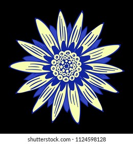 Vector Flower or Mandala. Hand Drawn Style. Beautiful Blossom with Petals. Isolated African Camomile, Gerbera or Daisy. Stylized Flower for Card, Tablecloth, Paper, Tile, Pattern, Wedding Design.