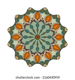 Vektor Blume Mandala runde geometrische Muster. Farbige Blumenverzierungen im ethnischen Stil mit natürlichen Elementen Blütenblätter, Beeren, Blättern. Indische, asiatische, orientalische, chinesische, arabische, mexikanische Stammes.
