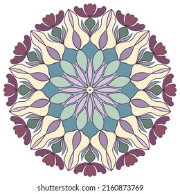 Patrón geométrico redondeado de la flor vectorial mandala. El colorido adorno floral de estilo étnico. Patrón de textura circular para plato, textil, alfombra, bordado. Ejemplo de página de coloreado para adultos. Elemento de diseño, logotipo