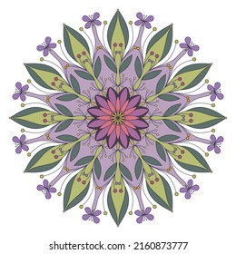 Vector flower mandala round geometrical pattern. Colorful floral  ornament in ethnic style. Circle texture pattern for dish, textile, rug, embroidery. Adult coloring page example. Design element, logo