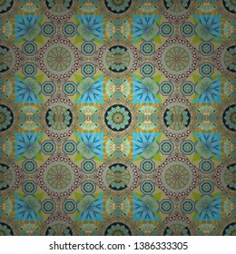 Vector flower Mandala seamless pattern. Vector illustration. Coloring page template. Brown, green and blue printable package decorative elements. Oriental, mystic, alchemy pattern.