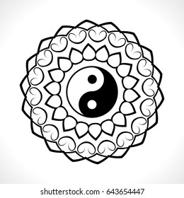 Vector Flower Mandala with Yin Yang Symbol for Coloring Book and Indian Design. Black and White Moroccan, Spain, Turkish, Pakistan, Ottoman Pattern Isolated