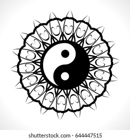 Vector Flower Mandala with Yin Yang Symbol for Coloring Book and Indian Design. Black and White Moroccan, Spain, Turkish, Pakistan, Ottoman Pattern Isolated