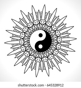 Vector Flower Mandala with Yin Yang Symbol for Coloring Book and Indian Design. Black and White Moroccan, Spain, Turkish, Pakistan, Ottoman Pattern Isolated
