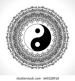 Vector Flower Mandala with Yin Yang Symbol for Coloring Book and Indian Design. Black and White Moroccan, Spain, Turkish, Pakistan, Ottoman Pattern Isolated