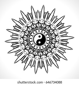 Vector Flower Mandala with Yin Yang Symbol for Coloring Book and Indian Design. Black and White Moroccan, Spain, Turkish, Pakistan, Ottoman Pattern Isolated