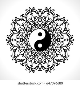 Vector Flower Mandala with Yin Yang Symbol for Coloring Book and Indian Design. Black and White Moroccan, Spain, Turkish, Pakistan, Ottoman Pattern Isolated