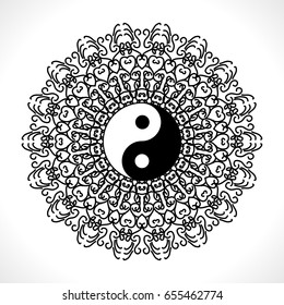 Vector Flower Mandala with Yin Yang Symbol for Coloring Book and Indian Design. Black and White Moroccan, Spain, Turkish, Pakistan, Ottoman Pattern Isolated