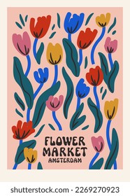 Vector Flower Market Amsterdam aesthetic wall art poster. Danish design. Simple contemporary tulip market room decor. Colorful flower kitchen decoration. Fun touristic souvenir artistic minimal print