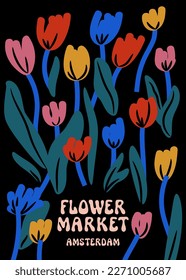 Vector Flower Market Amsterdam wall art poster. Groovy Danish design. Simple contemporary tulip market room decor. Colorful flowers kitchen decoration. Funky touristic souvenir artistic minimal print