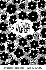 Vector Flower Market groovy psychedelic poster. Trippy graphic design template. Retro style backdrop. Cool fun art nouveau funky geometric hippie psychedelia background