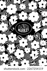 Vector Flower Market groovy psychedelic poster. Trippy graphic design template. Retro style backdrop. Cool fun art nouveau funky geometric hippie psychedelia background