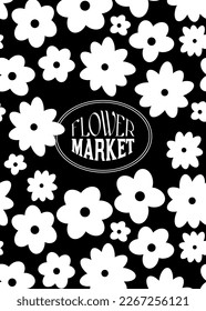 Vector Flower Market groovy psychedelic poster. Trippy graphic design template. Retro style backdrop. Cool fun positive vibes funky geometric hippie psychedelia background