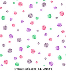 Vector flower miniprint seamless pattern in green and pink colors on a white background. Stylized hand drawn little flowers.