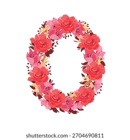 Número de flor vetorial 0. Caractere botânico, figura. Cor rosa, bege, cor coral flores na forma de um número em negrito isolado em um fundo branco. Peônias, lírios com folhas