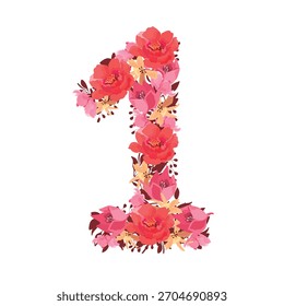 Flor vetorial número 1. Caractere botânico, figura. Cor rosa, bege, cor coral flores na forma de um número em negrito isolado em um fundo branco. Peônias, lírios com folhas