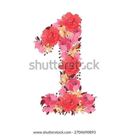 Vector flower number 1. Botanical character, figure. Pink, beeige, coral color flowers in the shape of a bold number isolated on a white background. Peonies, lilies with leaves