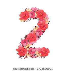 Flor vetorial número 2. Caractere botânico, figura. Cor rosa, bege, cor coral flores na forma de um número em negrito isolado em um fundo branco. Peônias, lírios com folhas