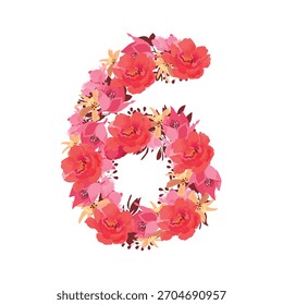 Flor vetorial número 6. Caractere botânico, figura. Cor rosa, bege, cor coral flores na forma de um número em negrito isolado em um fundo branco. Peônias, lírios com folhas