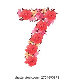 Flor vetorial número 7. Caractere botânico, figura. Cor rosa, bege, cor coral flores na forma de um número em negrito isolado em um fundo branco. Peônias, lírios com folhas