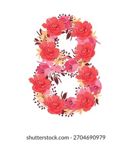 Flor vetorial número 8. Caractere botânico, figura. Cor rosa, bege, cor coral flores na forma de um número em negrito isolado em um fundo branco. Peônias, lírios com folhas
