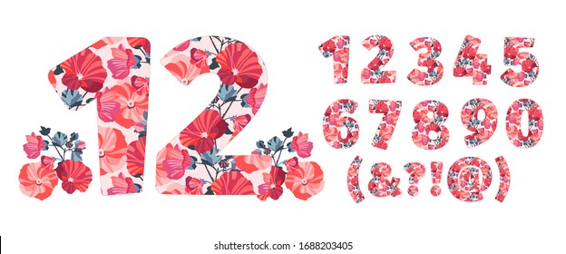 Vector flower numbers from 0 to 9. Botanical character, figure. Orange, maroon, pink, coral color flowers in the shape of a bold number. Mallow flowers with branches.