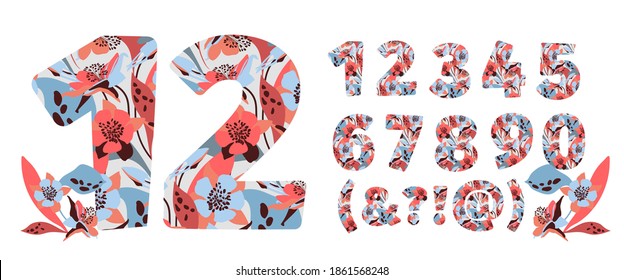 Vector flower numbers from 0 to 9. Botanical character, figure. Pink, blue, chocolate color flowers in the shape of a bold number. Garden flowers with branches and leaves.