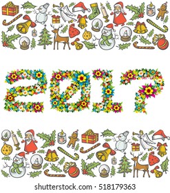 Vector flower numbers 2017, and Christmas, and New Year objects